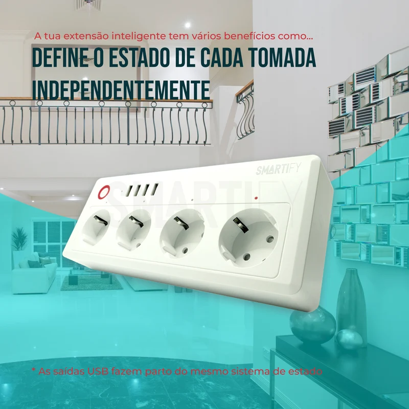 Extensão Inteligente WiFi 4 Tomadas + 4 USB Smartify