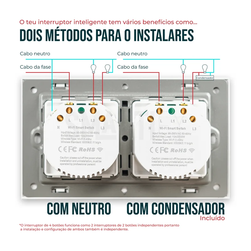 Interruptor Inteligente de Luz WiFi duplo 4 botões Smartify - Branco