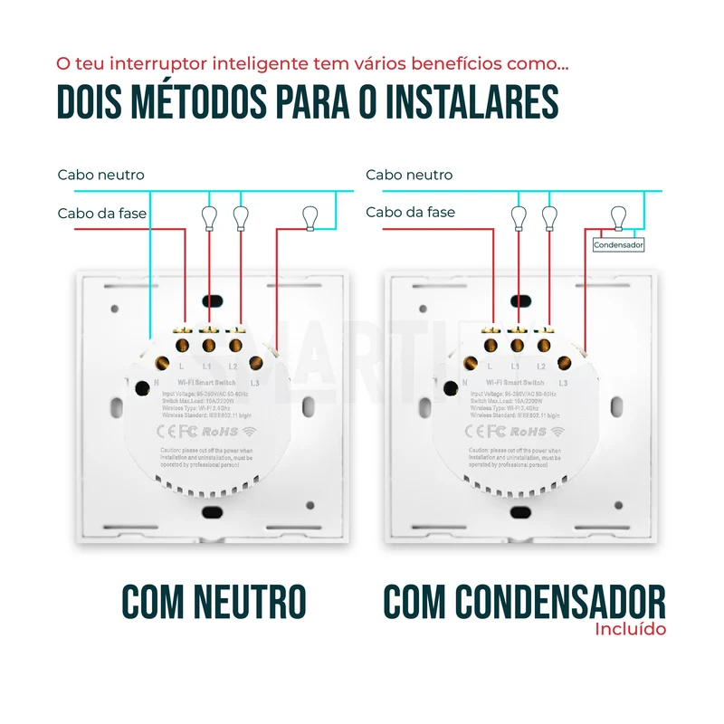 Interruptor Inteligente de Luz WiFi 3 botões Smartify - Branco