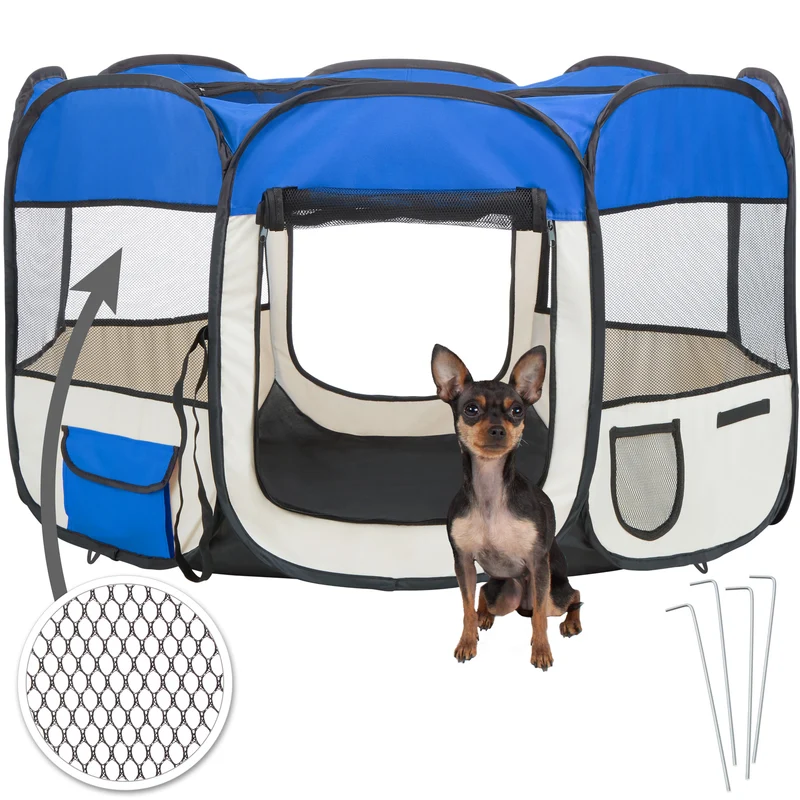 Tectake Foldable Dog Pen 115 x 115 x 64 cm, Blue