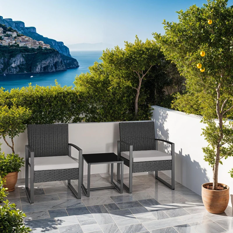Tectake Granada Rattan Seating Group for 2 Persons, Light Grey/Black