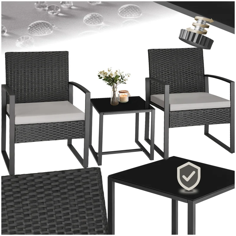 Tectake Granada Rattan Seating Group for 2 Persons, Light Grey/Black