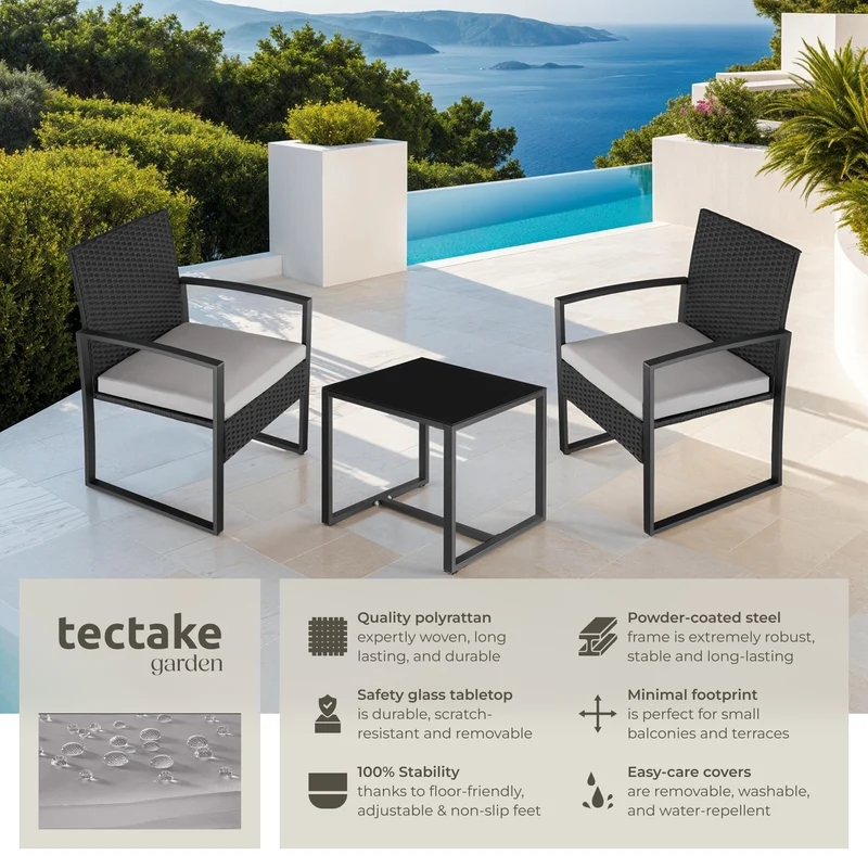 Tectake Granada Rattan Seating Group for 2 Persons, Light Grey/Black