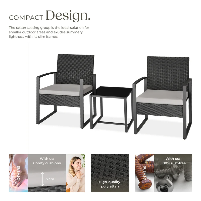 Tectake Granada Rattan Seating Group for 2 Persons, Light Grey/Black