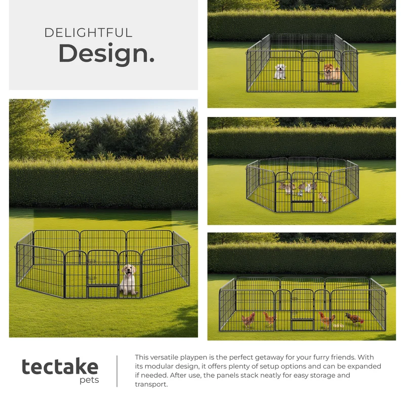 Tectake 8-Section Dog Pen Lisa 154 x 154 x 60 cm, Grey