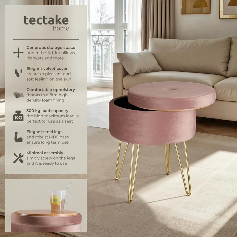 Tectake Ava Round Padded Velvet Stool with Storage