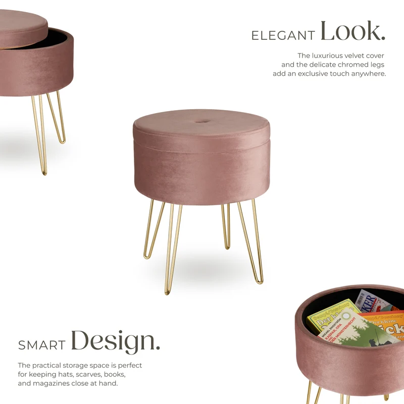 Tectake Ava Round Padded Velvet Stool with Storage