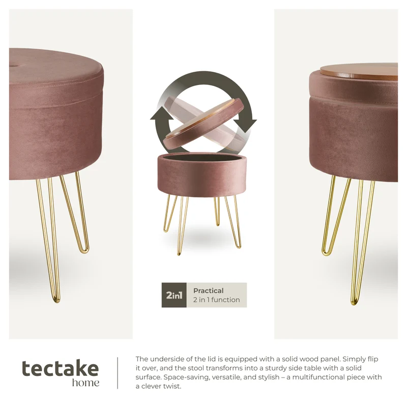Tectake Ava Round Padded Velvet Stool with Storage