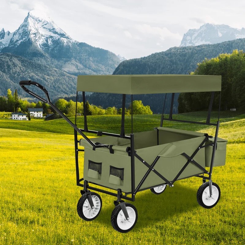 Foldable Garden Trolley with roof, 3 pockets, transport bag, 80 kg capacity