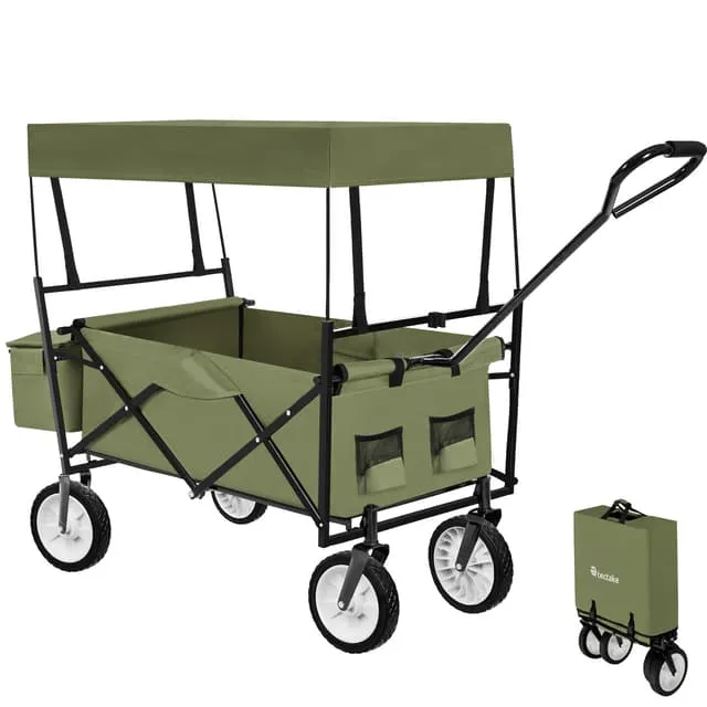 Foldable Garden Trolley with roof, 3 pockets, transport bag, 80 kg capacity