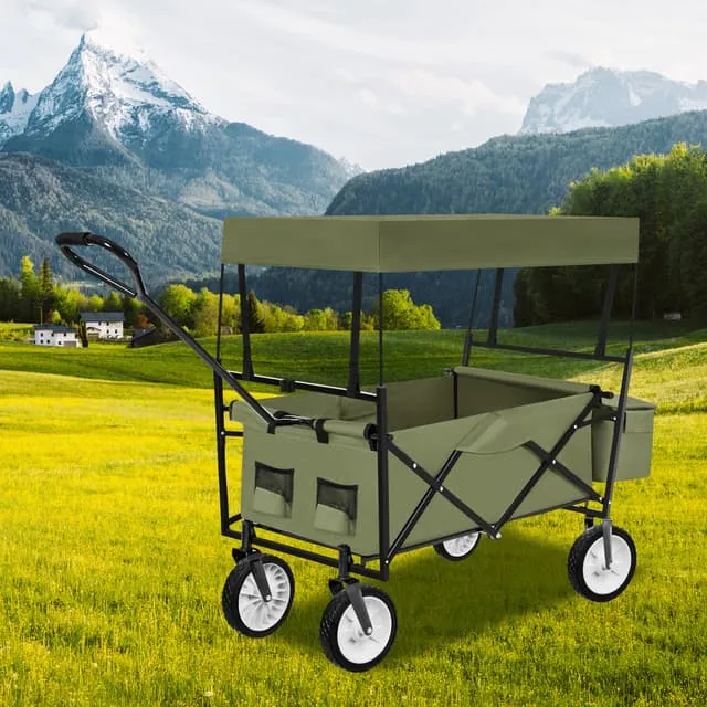 Foldable Garden Trolley with roof, 3 pockets, transport bag, 80 kg capacity