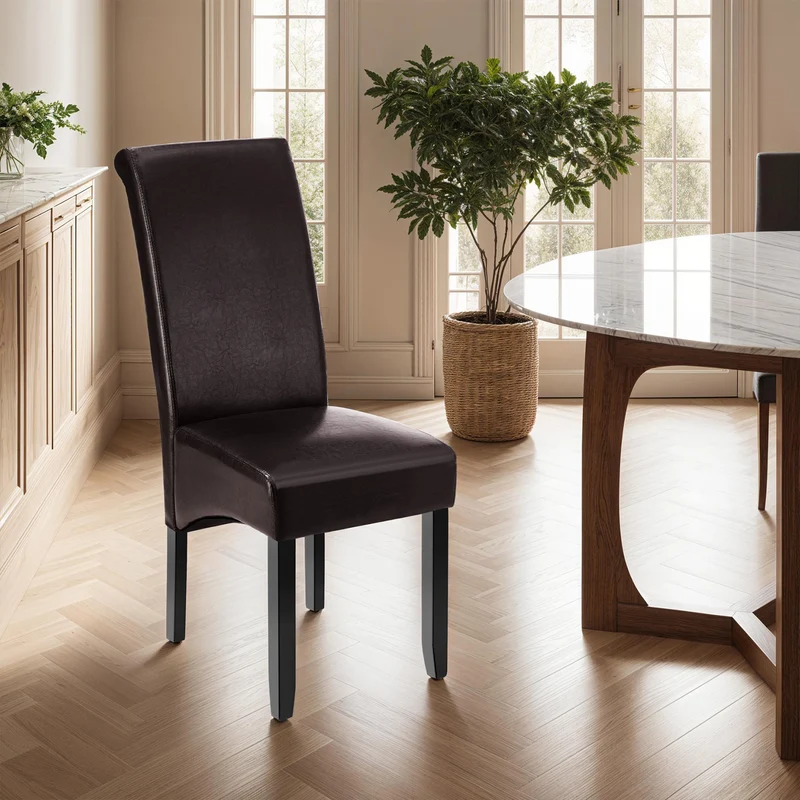 Dining Chair with Ergonomic Seat Shape, Padded Faux Leather, Dark Brown