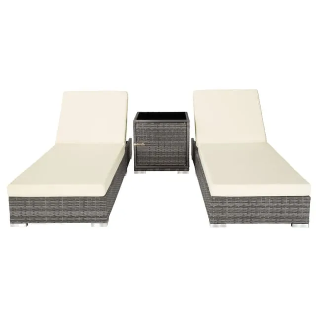 Tectake Set with 2 Sun Loungers and 1 Table, 184 x 60 x 21 cm, Grey