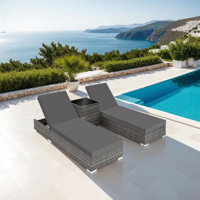 Tectake Set with 2 Sun Loungers and 1 Table, 184 x 60 x 21 cm, Grey