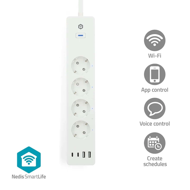 SmartLife Stekkerdoos Wi-Fi - 2x USB-A / 2x USB-C™ / 4x plug with earth contact (CEE 7/3) - 16.0A