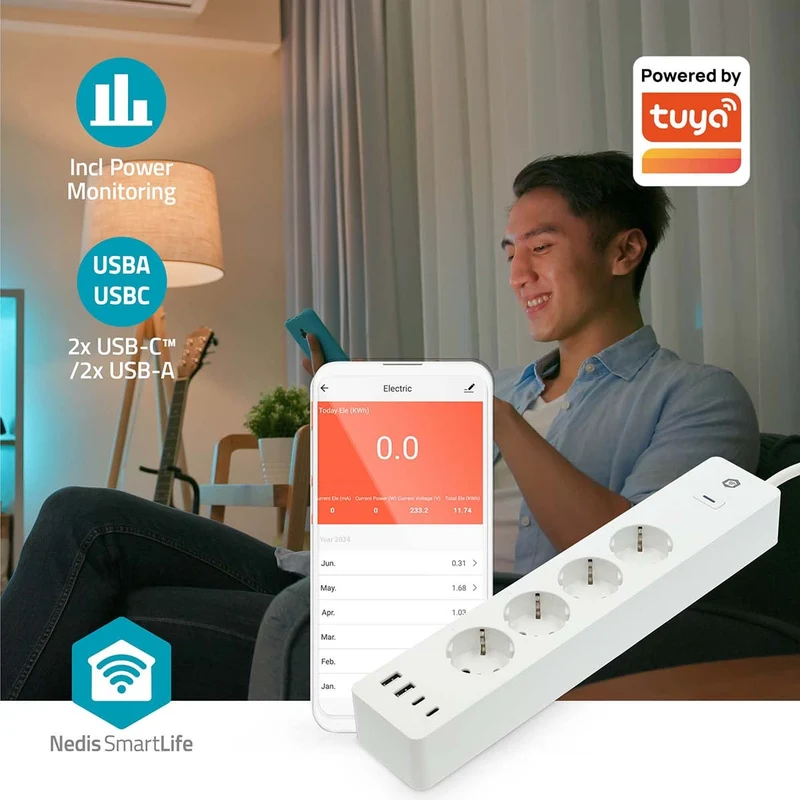 SmartLife Stekkerdoos Wi-Fi - 2x USB-A / 2x USB-C™ / 4x plug with earth contact (CEE 7/3) - 16.0A