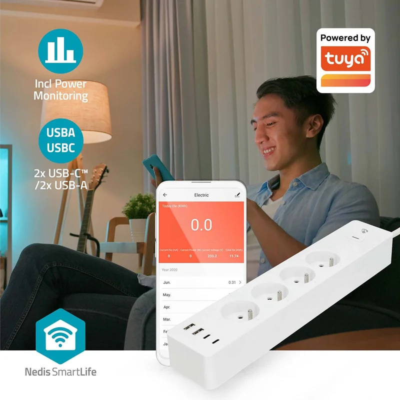 SmartLife Stekkerdoos Wi-Fi - 2x USB-A / 2x USB-C™ / 4x plug with earth contact (CEE 7/5) - 16.0A