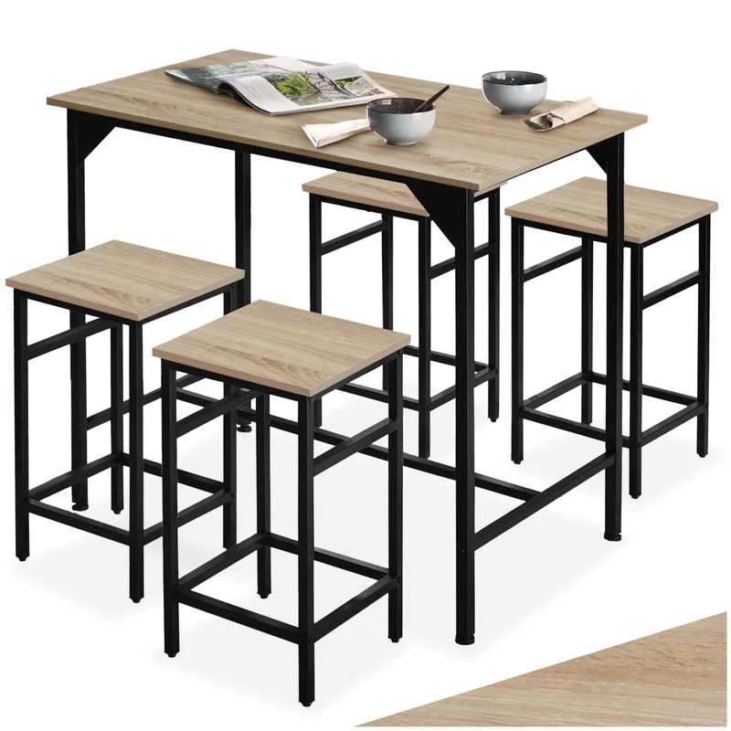 Tectake Edinburgh Bar Table with 4 Stools - Industrial Light Wood, Sonoma Oak
