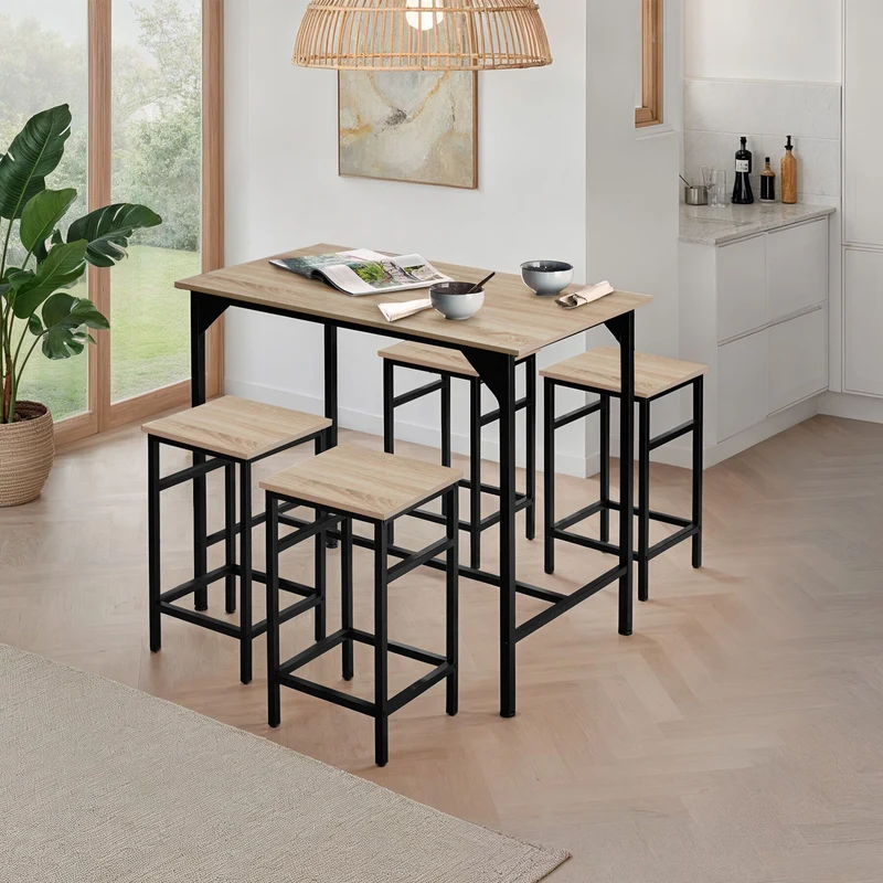 Tectake Edinburgh Bar Table with 4 Stools - Industrial Light Wood, Sonoma Oak