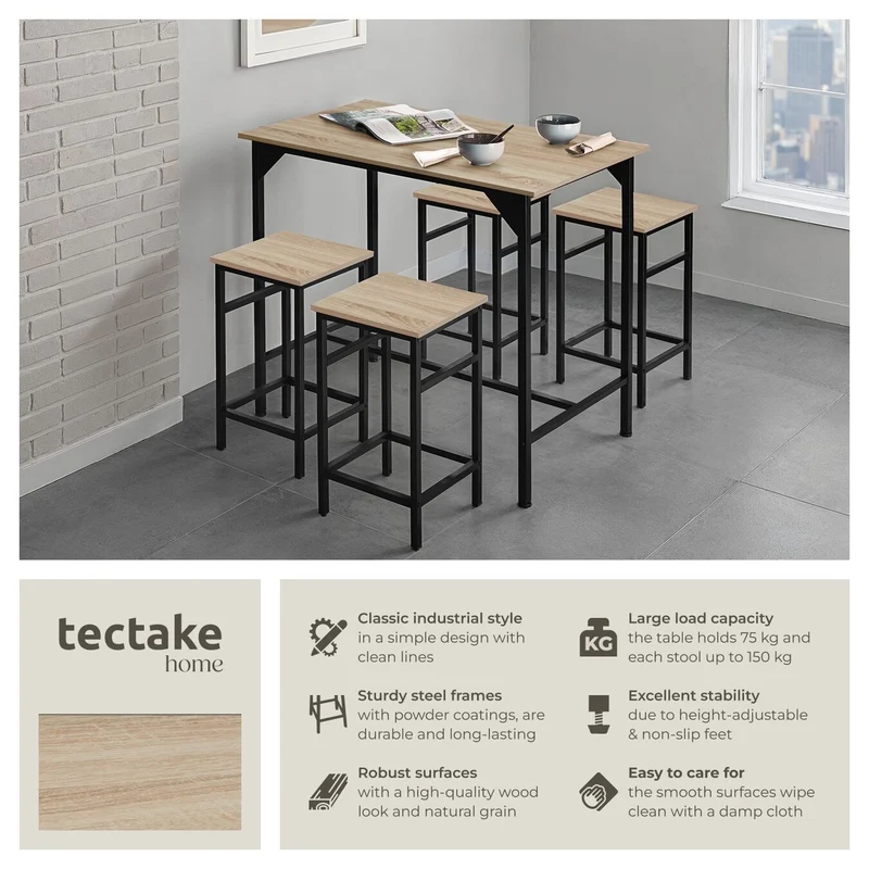 Tectake Edinburgh Bar Table with 4 Stools - Industrial Light Wood, Sonoma Oak