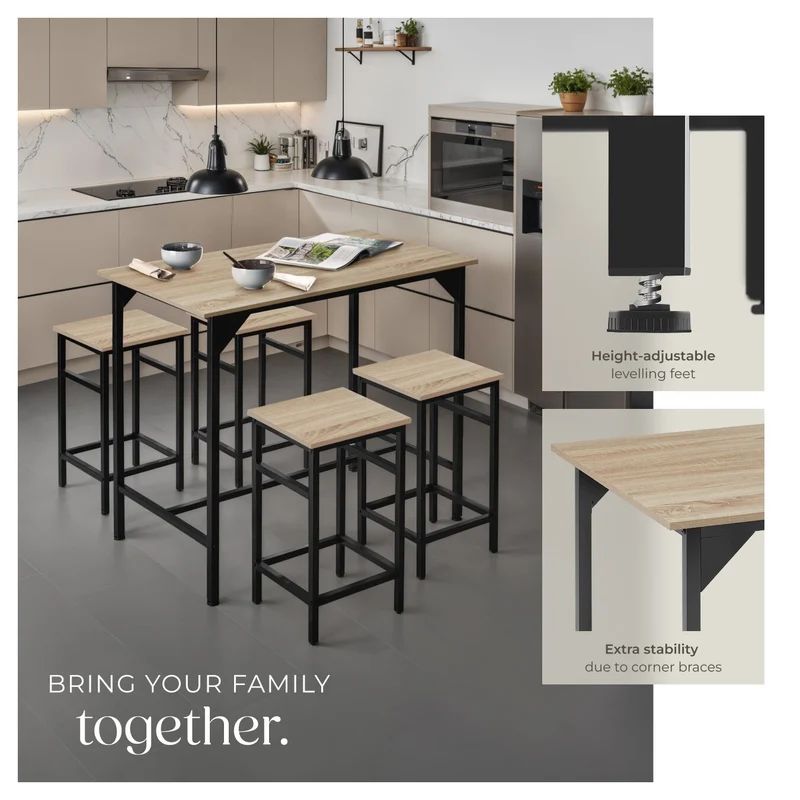 Tectake Edinburgh Bar Table with 4 Stools - Industrial Light Wood, Sonoma Oak
