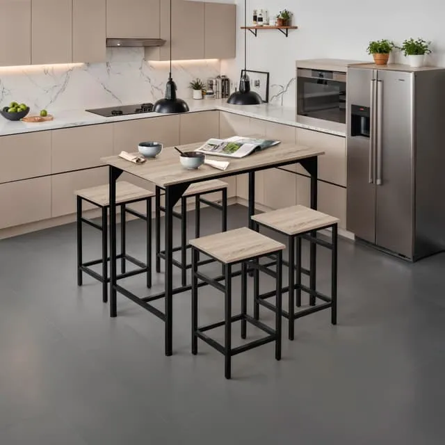 Tectake Edinburgh Bar Table with 4 Stools - Industrial Light Wood, Sonoma Oak