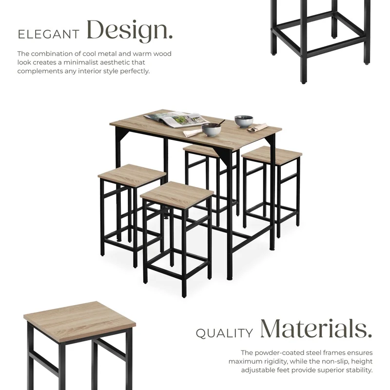 Tectake Edinburgh Bar Table with 4 Stools - Industrial Light Wood, Sonoma Oak