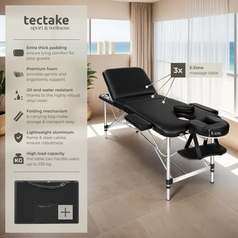 Tectake 3-Zone Massage Table with 5cm Pad and Aluminum Frame