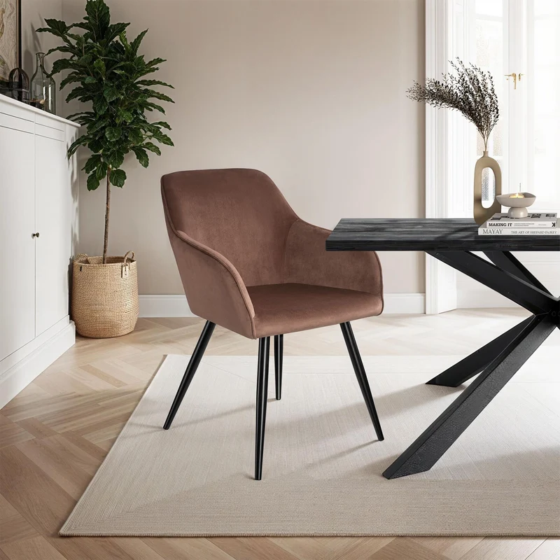 Dining Chair Marilyn, armrests, padded, velvet look, black steel legs