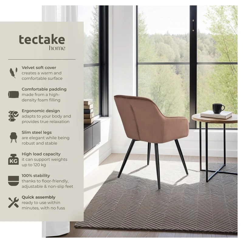 Dining Chair Marilyn, armrests, padded, velvet look, black steel legs