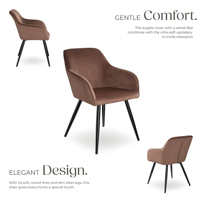 Dining Chair Marilyn, armrests, padded, velvet look, black steel legs