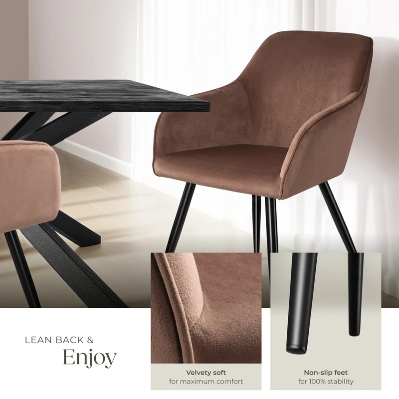 Dining Chair Marilyn, armrests, padded, velvet look, black steel legs