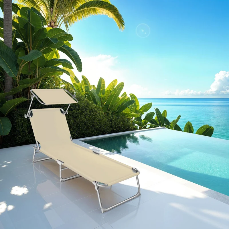 Tectake Foldable Sun Lounger with Adjustable Sunshade and 4-step Backrest, Set of 2