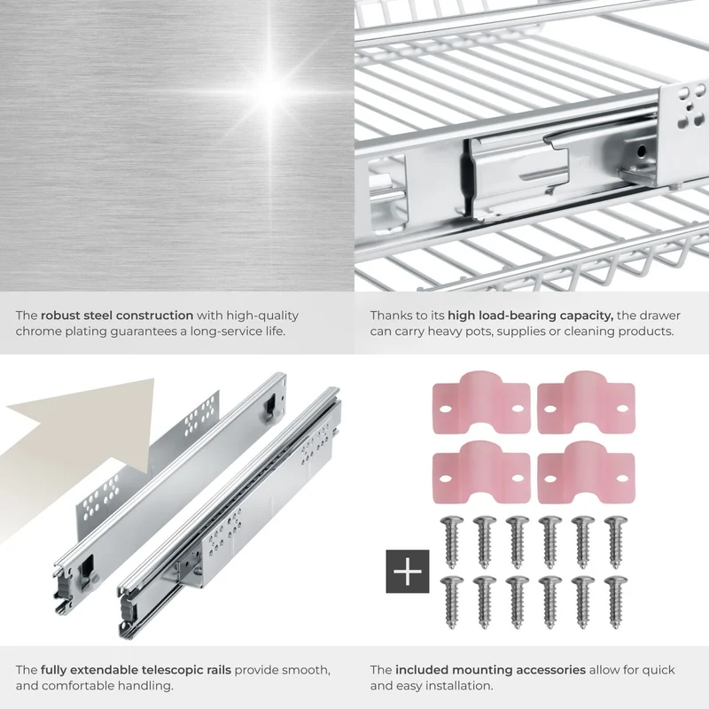 Tectake Grey Drawer with Telescopic Drawer Runners, 14 x 27 x 44cm