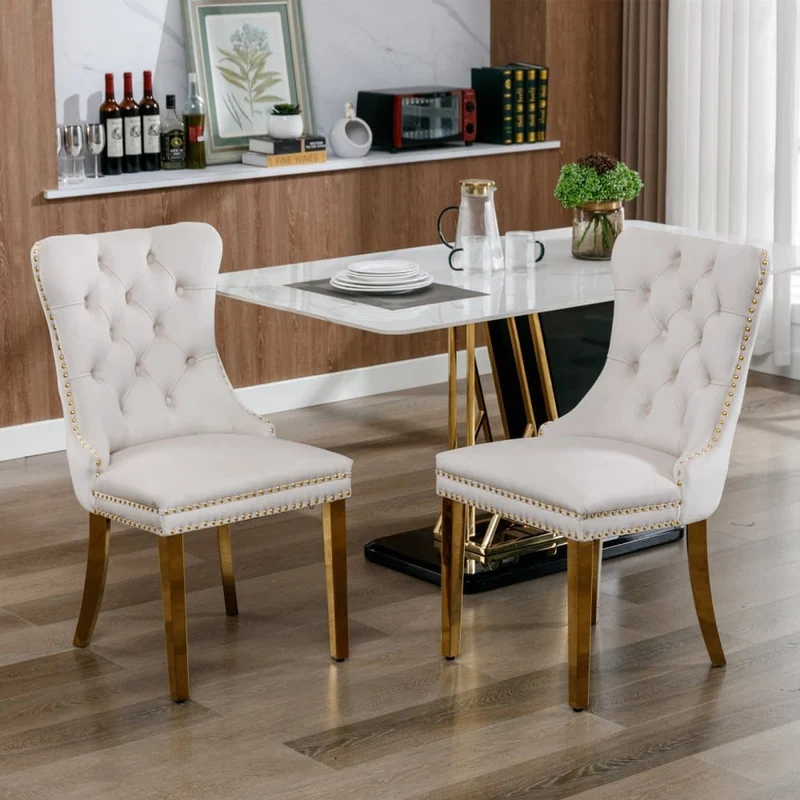 Set of 2 Dining Chairs from Nikki Collection, Beige Velvet Upholstery