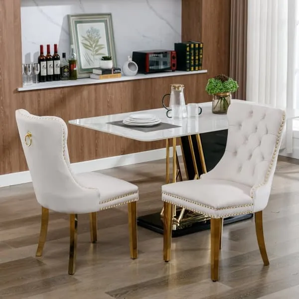 Set of 2 Dining Chairs from Nikki Collection, Beige Velvet Upholstery