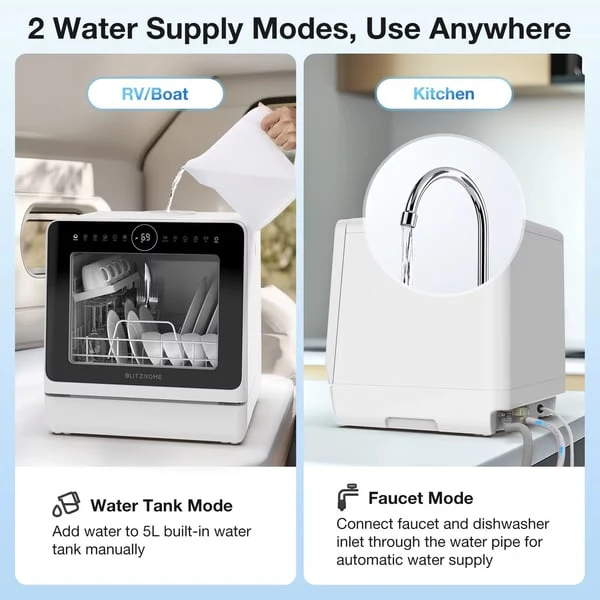 BlitzHome Mini Tabletop Dishwasher with Dual Water Inlet