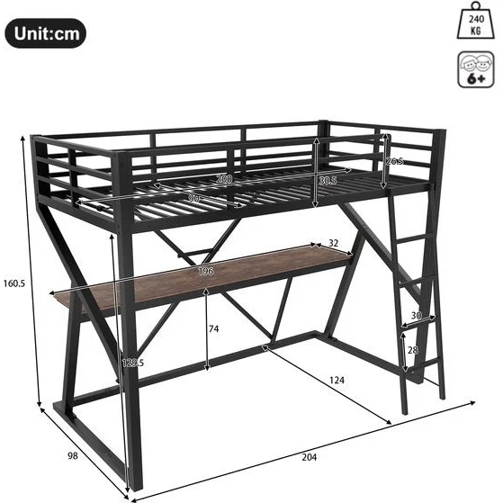 Merax Children's Bunk Bed 90x200 cm with Desk and LED Lighting, Black