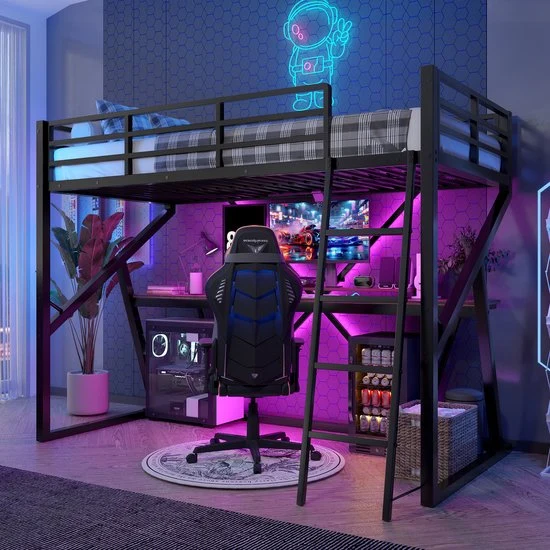 Merax Children's Bunk Bed 90x200 cm with Desk and LED Lighting, Black
