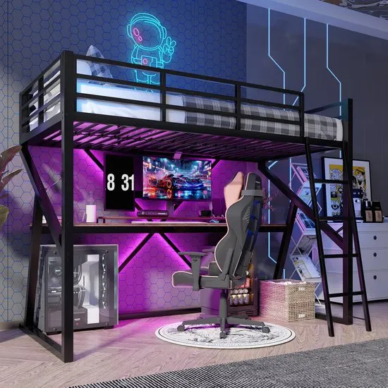 Merax Children's Bunk Bed 90x200 cm with Desk and LED Lighting, Black