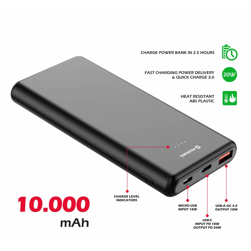 Swissten 10 000mAh Power Bank with Quick Charge 3.0 (QC3.0)