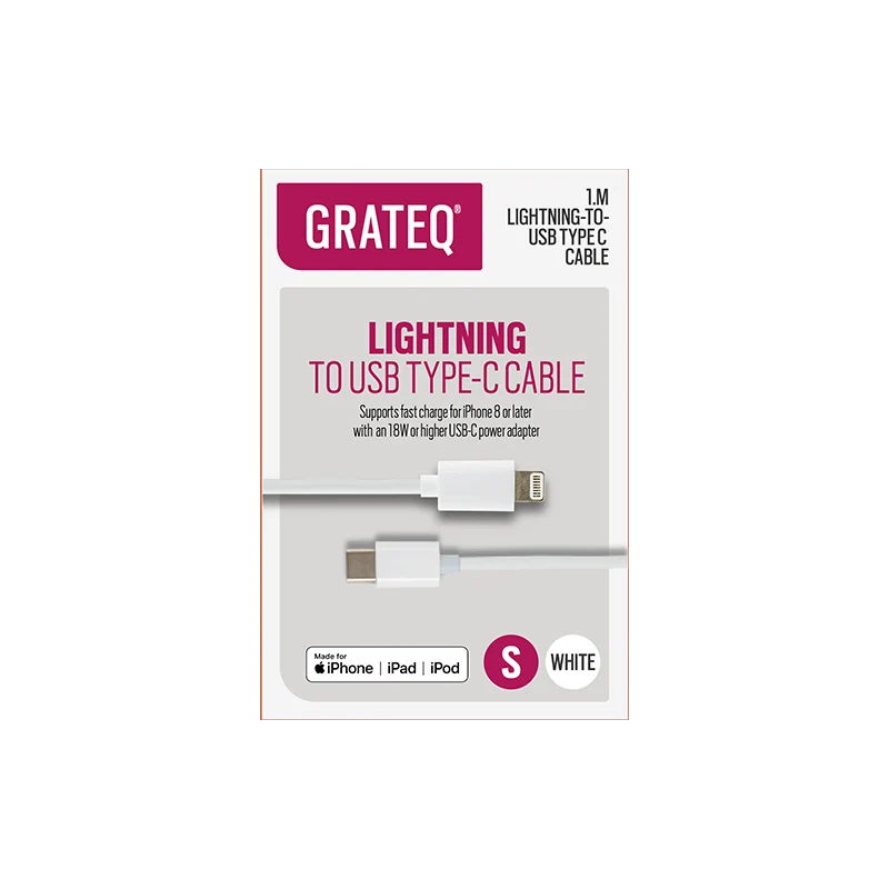 Grateq Lightning to USB-C PD Cable, White