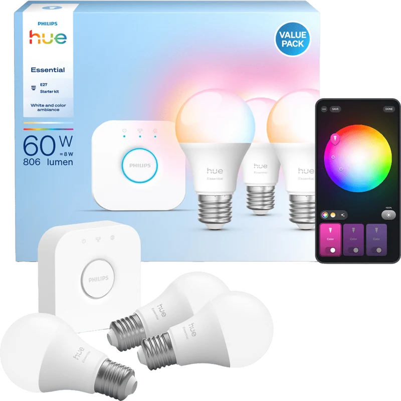 Philips Hue Essential White and Color Ambiance E27 Smart Bulb, 3 pcs + Bridge