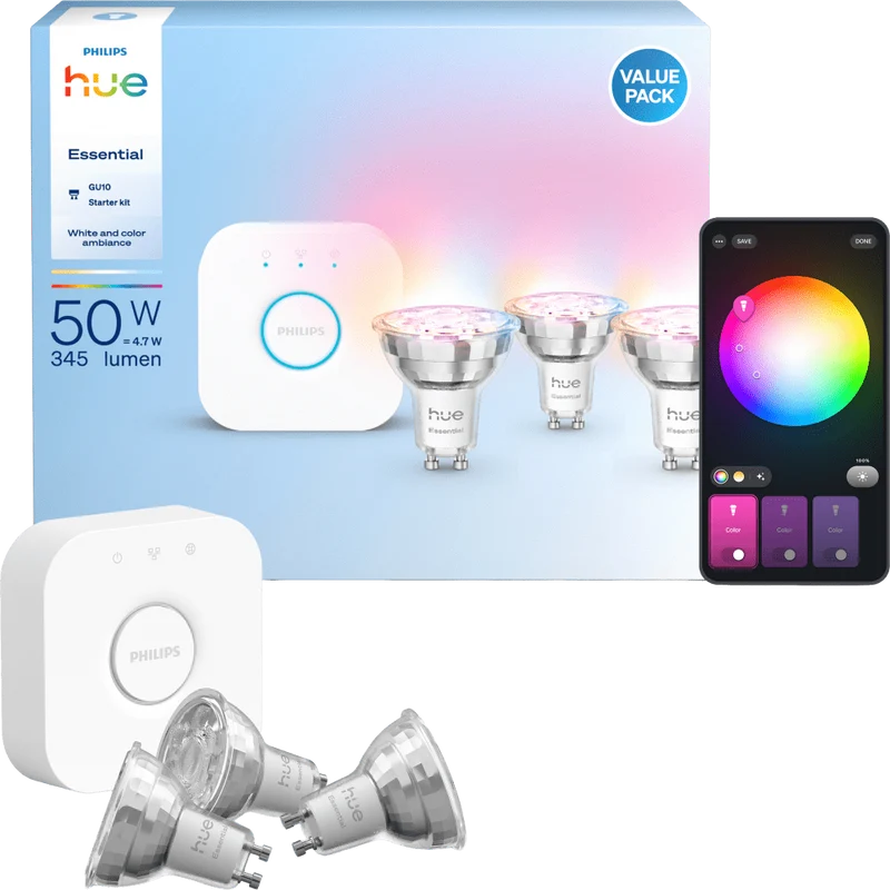 Philips Hue Essential GU10 Spotlight Bulb, 3 pcs + Hue Bridge