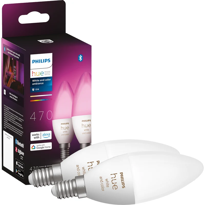 Philips Hue White & Color Ambiance E14 Smart Bulb, 2-pack