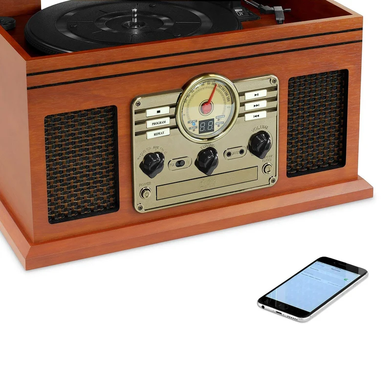 Victrola VTA-200BT Classic 6-in-1 Music System with Vinyl Player, Mahogany