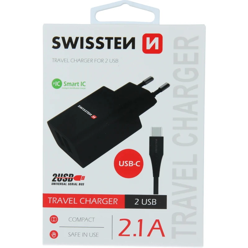 Swissten Travel Charger 2.1A + USB-A to USB-C Charging Cable 1,2m