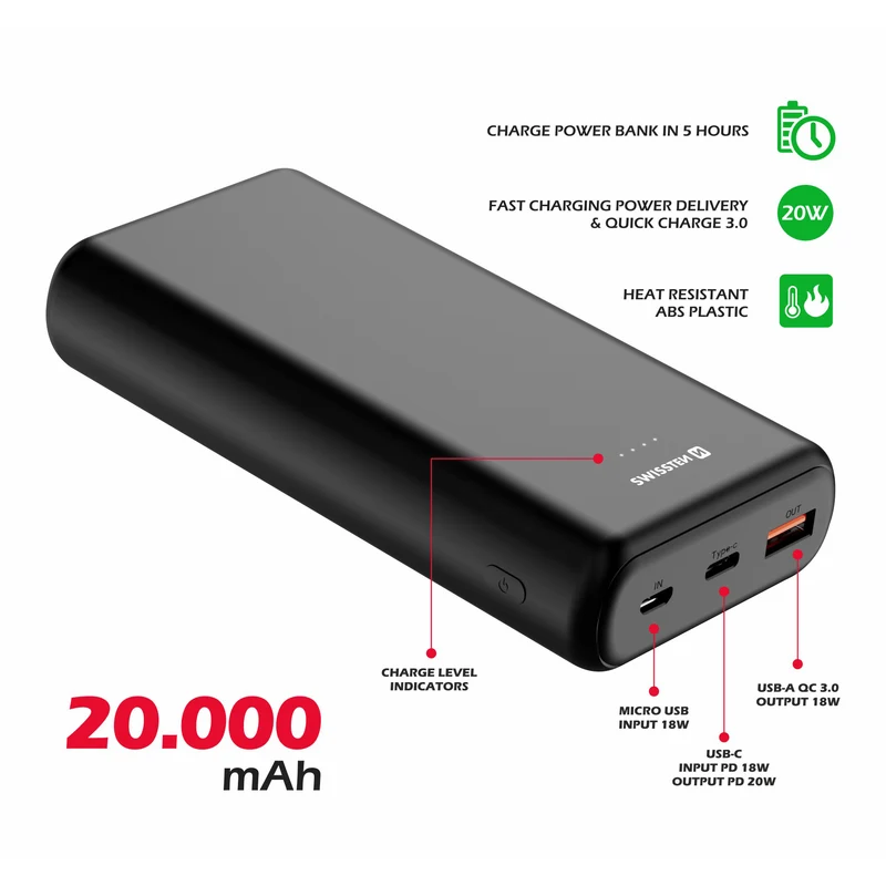 Swissten Power Bank 20,000 mAh PD QC3.0