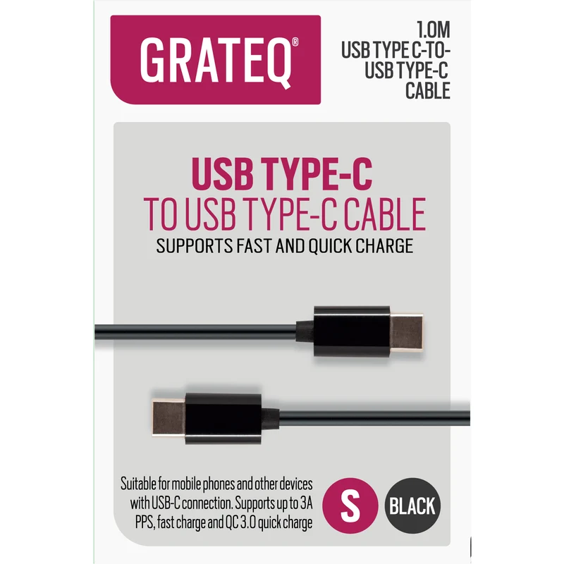 Grateq USB-C to USB-C Quick Charge Cable 1M, Black
