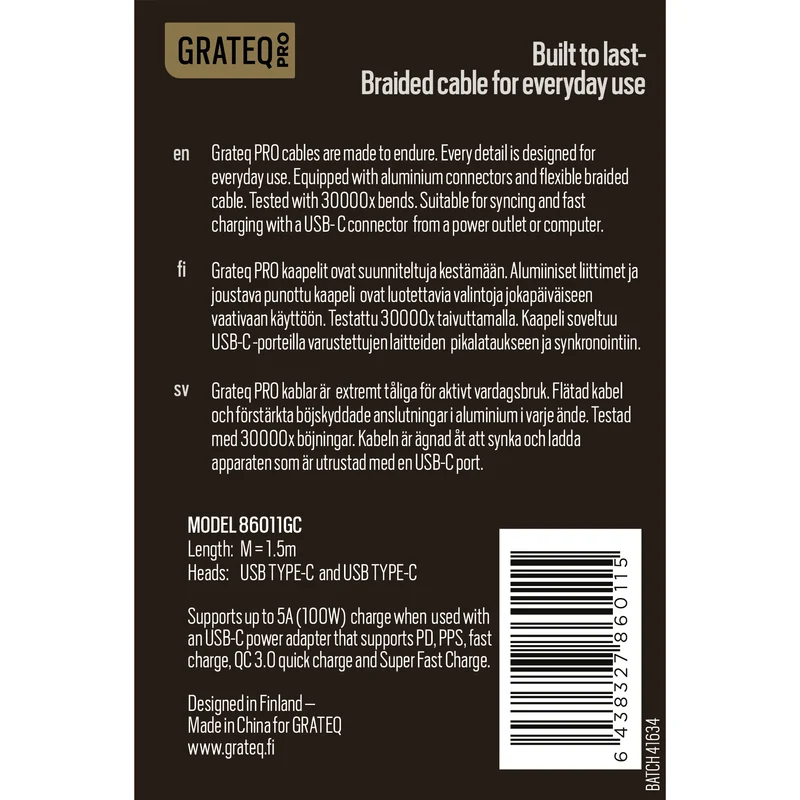 Grateq Pro USB-C to USB-C 100W Cable 1.5m